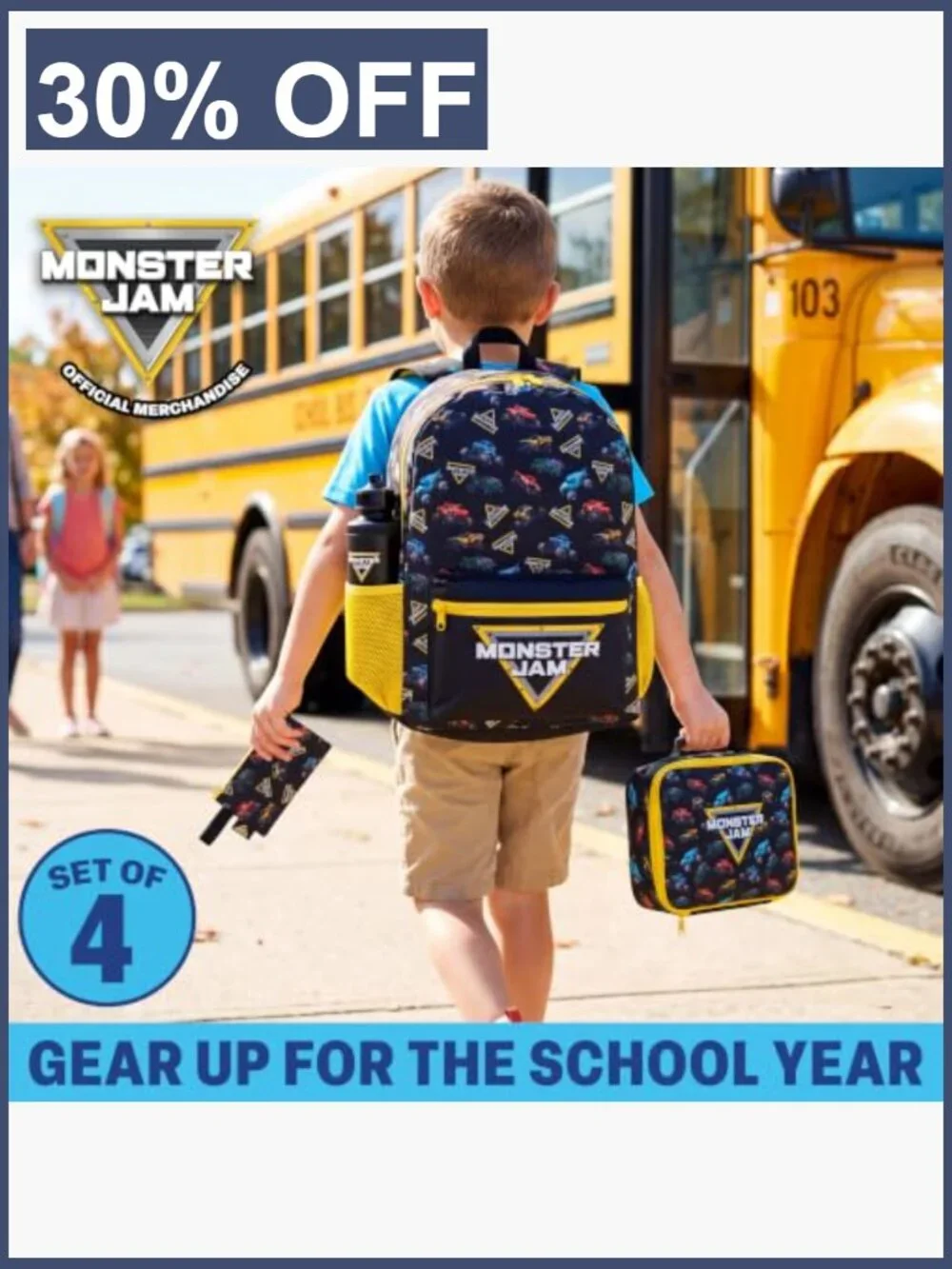 Monster Jam Boys Backpack 4 Piece Set - 18in Bookbag with Lunch Bag, Pencil
